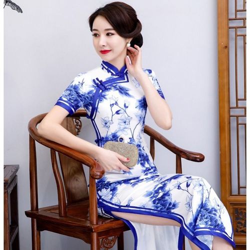 重磅手工包边长款青花瓷旗袍古典优雅走秀旗袍改良修身日常中国风