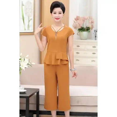 中年女装两件套年轻妈妈夏装套装时尚40-50岁中老年洋气短袖上衣