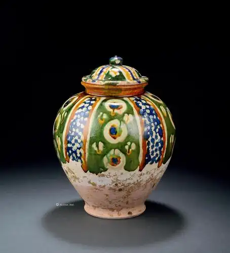 0836 唐代 三彩挂蓝釉万年盖罐