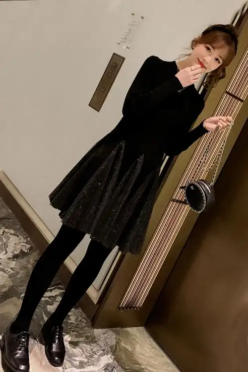 气质韩版收腰a字裙针织拼接网纱百褶裙打底连衣裙打底裤袜两件套