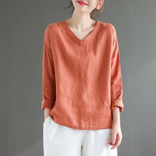 代勒原创文艺复古秋季纯色v领长袖亚麻t恤衫女士宽松百搭棉麻上衣