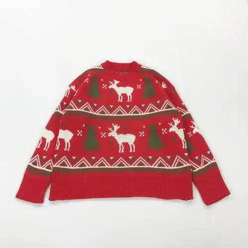 日系甜美少女感圣诞小鹿提花圆领套头毛衣学生女一件代发