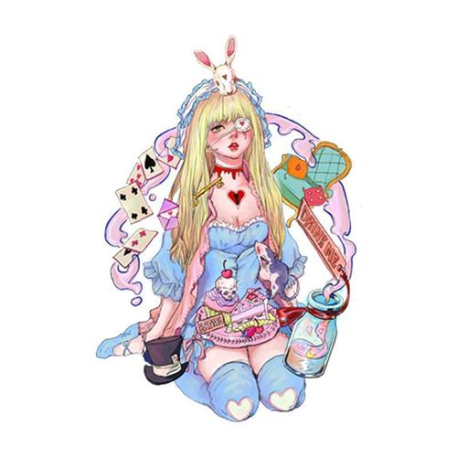 她画 爱丽丝魔境梦游 黑童话 可爱卡通纹身贴彩色防水持久女