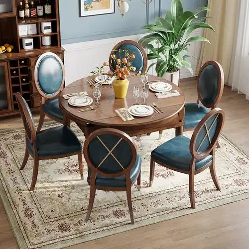 餐桌美式乡村实木桌椅组合可伸缩折叠家用吃饭餐桌