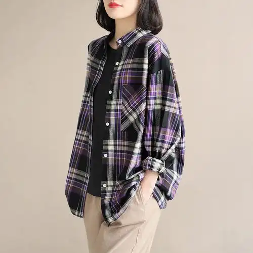 长袖翻领格子衬衫女