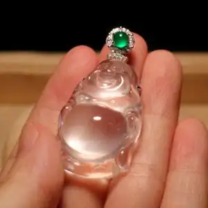 100祥祯福「笑佛纳福」天然翡翠吊坠女冰种玉佛站佛18k玫瑰金镶玉坠10
