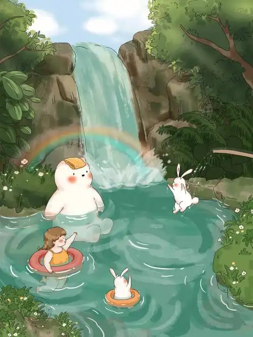 兔兔跳水清凉一夏治愈系插画