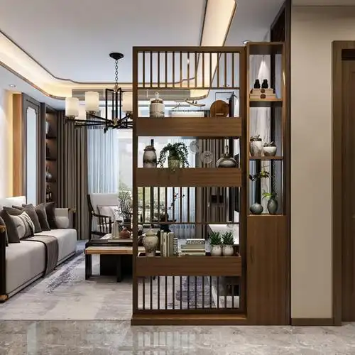 新中式木质屏风隔断客厅入户门遮挡简约现代玄关柜实木家用置物架