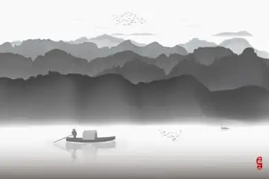 黑白山水新中式水墨装饰矢量背景图