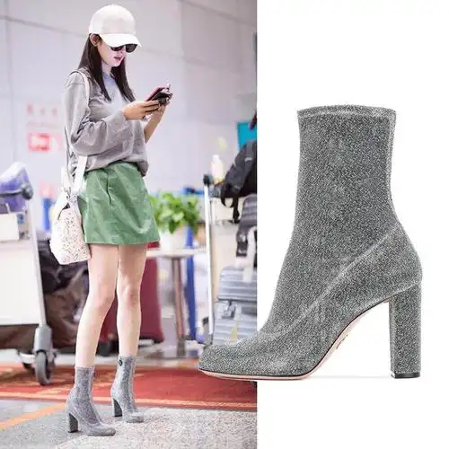 杨幂明星同款女靴秋季欧美袜子鞋短靴女高跟踝靴马丁靴真皮弹力靴