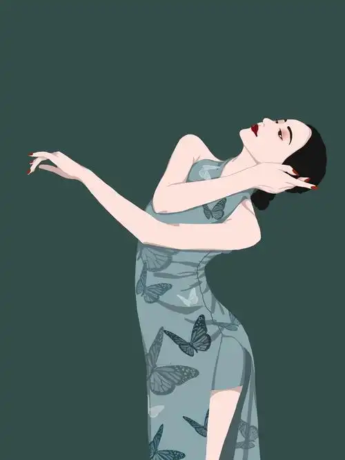 扁平插画|旗袍女子