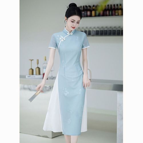 旗袍新款2024改良高端奥黛连衣裙新中式茶服蓝色绝美夏季茶艺服装【15