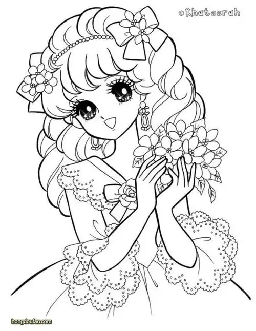 穿着樱花和服的漫画女生涂色填色图片大全-红豆饭小学生简笔画大全