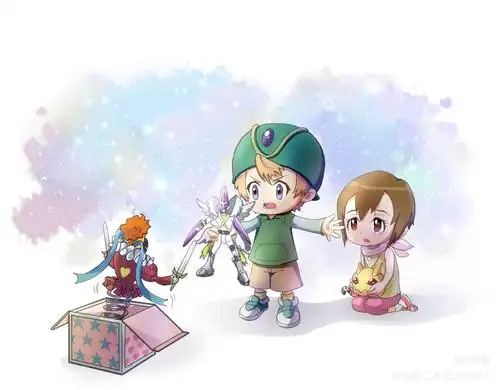 阿武×嘉儿_数码宝贝高石岳八神光嘉儿阿武平涂日系q版插画同人绘画