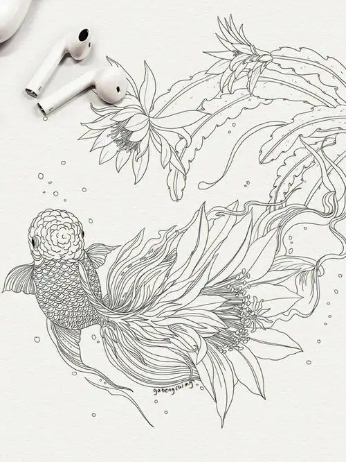 新手～初学手绘插画线稿 日常练习步骤金鱼