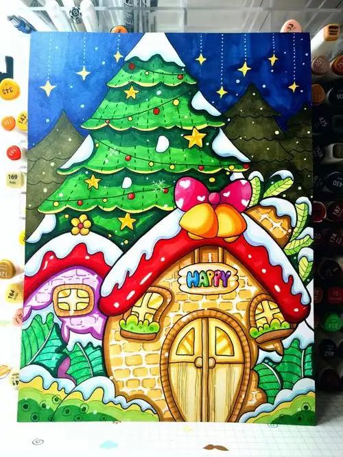圣诞节插画马克笔画圣诞节到啦,一起画圣诞老人的房子吧#简笔画教程