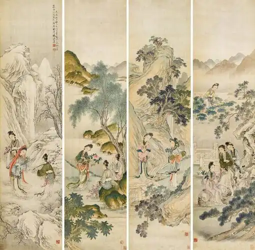 杨应选(1853～1929) 1909年作 十二花神四条屏 镜芯 绢本设色