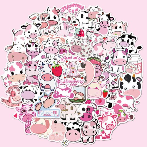 50张粉色奶牛卡通可爱贴纸少女心手账贴笔记本电脑滑板吉他防水贴
