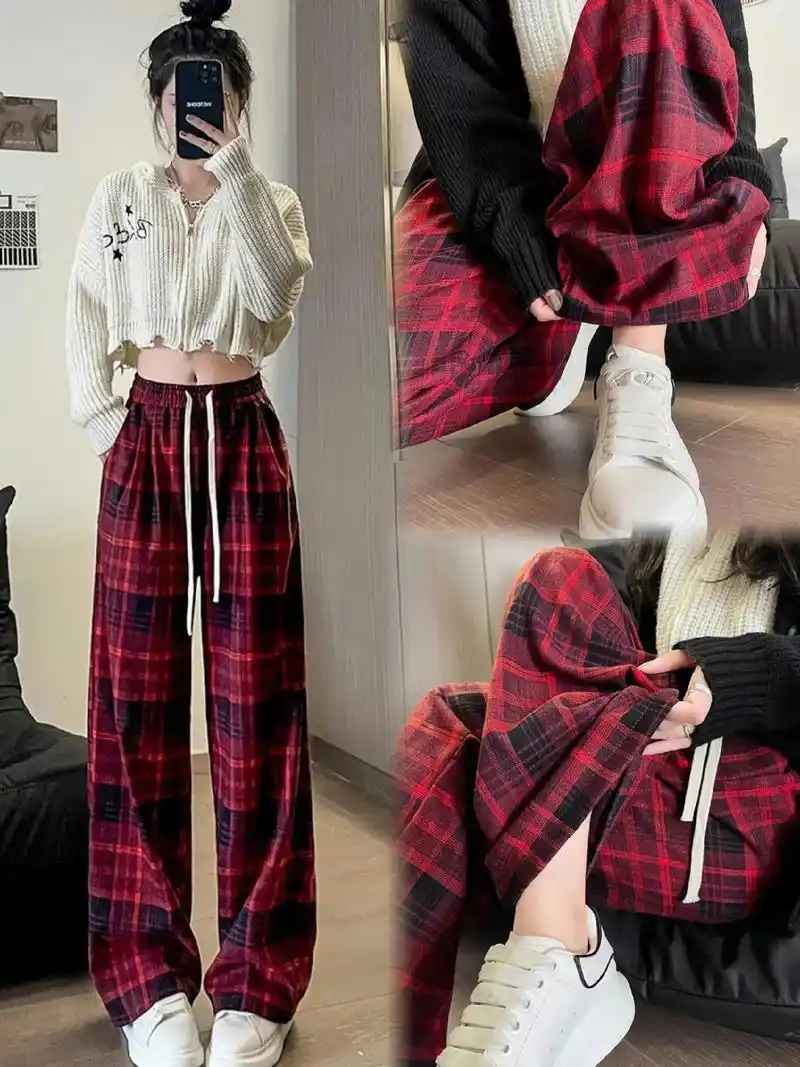 复古系经典格子阔腿裤90秋冬穿搭.