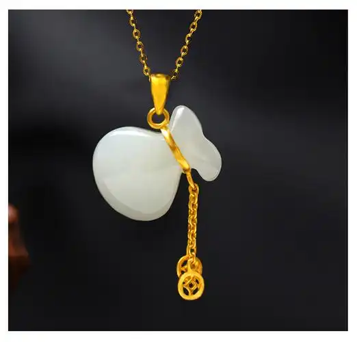 尤文金镶玉黄金福袋吊坠999足金女款白玉钱袋项链金和田玉钱币挂坠