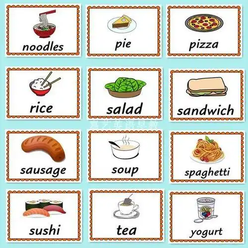 英语教师教具 早教认知卡 面包汉堡面条 food 食物 英语单词闪卡片