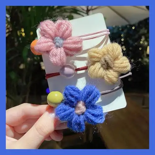 毛线花朵发绳女发圈韩版网红款森系成人儿童珠子扎头发橡皮筋头绳