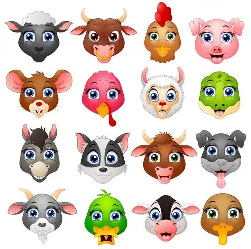 动物头部卡通集矢量插图