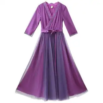 仙女日常汉服蕾丝长裙2020春夏季新款v领收腰显瘦紫色网纱连衣裙复古