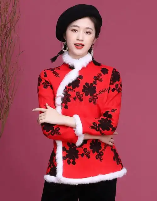 新款过年拜年服复古中国风旗袍外套红色喜庆红色带毛领旗袍唐装施悠莉