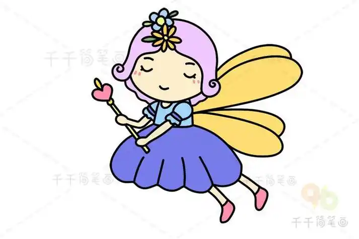 第五步涂上颜色拿着仙女棒的花仙子简笔画就完成了.