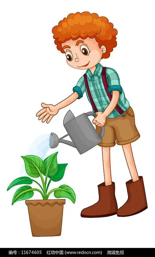 给植物浇水的男孩图片_卡通手绘_编号11674605_红动中国