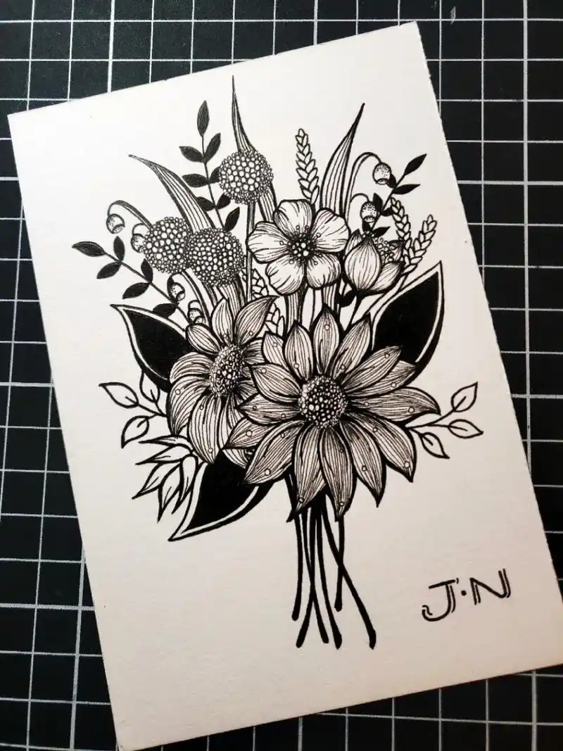 手绘黑白装饰画:我最爱的花束98! 利用午休时间,晒着暖阳完成了它!