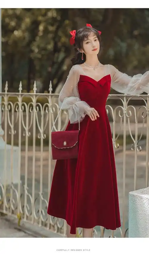 秋冬季法式小众红色敬酒服订婚丝绒长袖连衣裙礼服现货批发