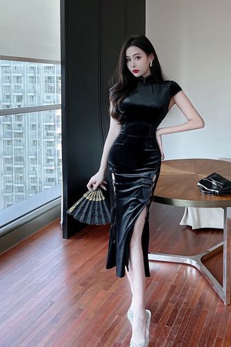 旗袍过膝复古中国国风丝绒高开叉侧开绑带连衣裙旗袍