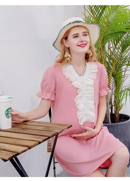 装孕妇裙连衣裙夏季款粉色名媛荷叶边设计哺乳裙 适用季节: 夏 款式