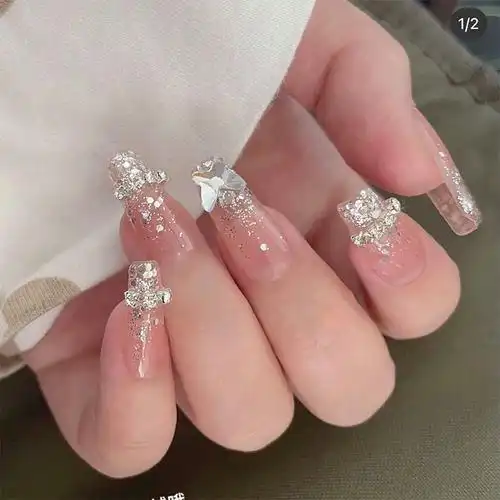 欧美长款奶茶色链条钻温柔穿戴美甲夏欧美长款学生假指甲成品甲片橘黄