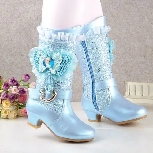 女童高跟靴子秋冬季小女孩高筒长靴爱莎公主加绒棉靴洋气儿童皮靴