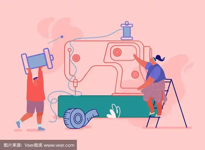 裁缝在制作服装,裁缝在缝纫机上工作.卡通平面矢量插图