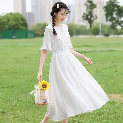 少女白色连衣裙夏季长款高初中学生夏装超仙女大童雪纺长裙子过膝白色