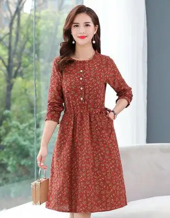 春夏天穿的30直40至50岁中年妈妈洋气质连衣裙棉麻碎花中老年女士打底