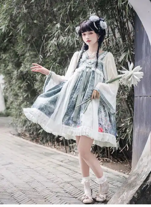 原创古风汉元素ita中华风齐胸儒中国风洛丽塔全套连衣裙女青色吊带裙s