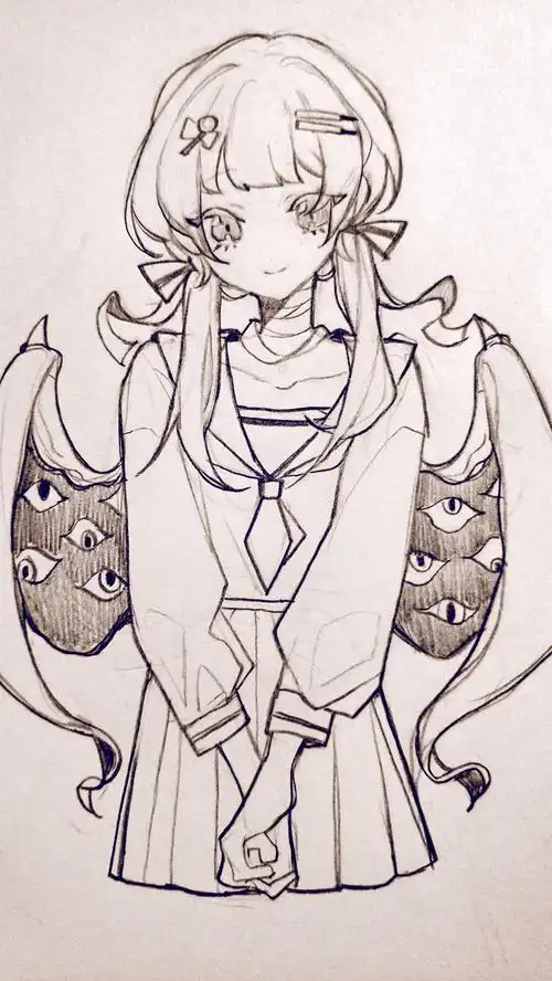 铅笔手绘,可爱的动漫美少女线稿,恶魔翅膀的女孩