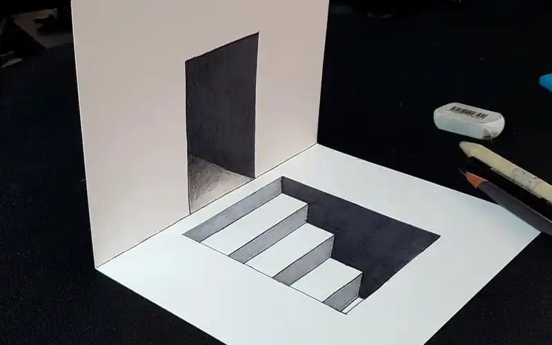 阶梯式平面深渊马克笔与铅笔的结合3d立体画