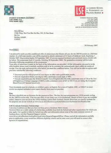 英伦敦大学政治经济学院录取通知书