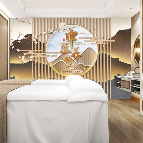 美容院吧台背景墙纸会所足疗店形象墙布中医养生馆理疗店前台壁纸