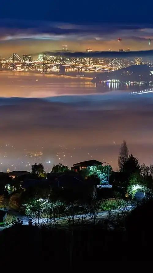 伯克利,旧金山,美国,城市,夜晚,灯光,桥梁,雾 iphone 壁纸