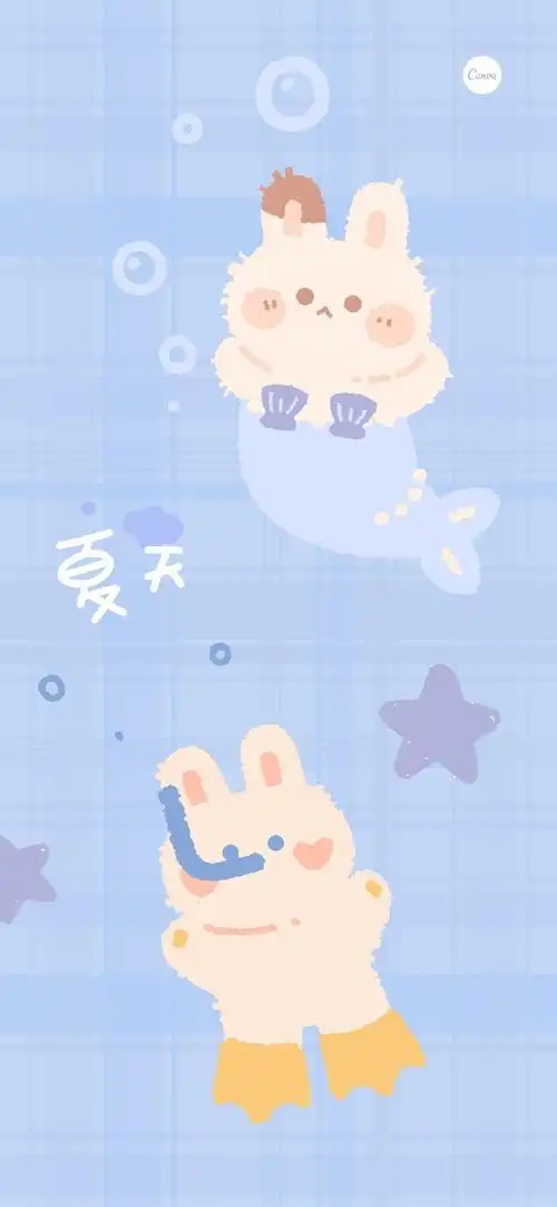 蓝紫色夏日软萌小动物游泳兔子贴纸可爱分享新手机壁纸