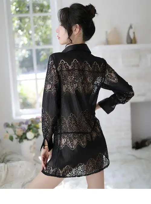 性感蕾丝半透套装睡裙情趣内衣女镂空诱惑长袖衬衫家居服一件代发