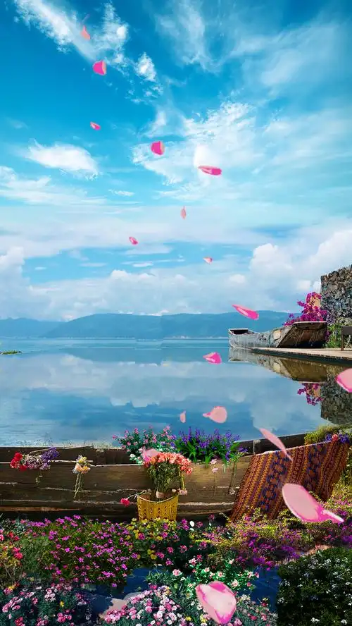 蓝天白云小清新旅游景点h5背景素材