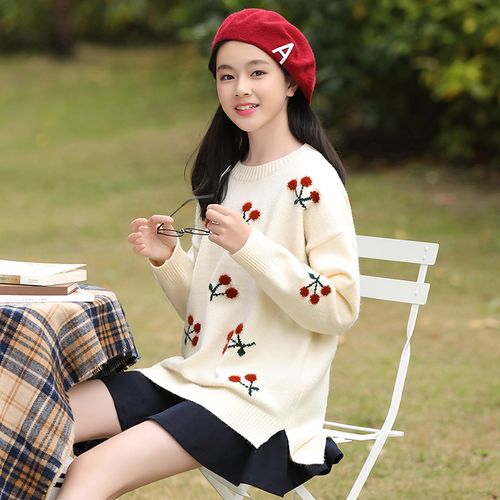 少女学生毛衣2021秋冬新款韩版宽松初中生冬装甜美可爱圆领针织衫